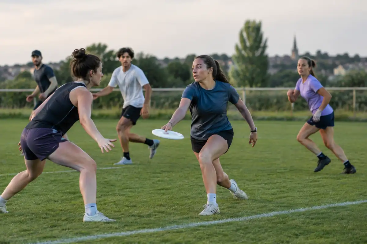 Joueurs d’ultimate sur gazon : le porteur pivote et lance le disque vers une partenaire démarquée.