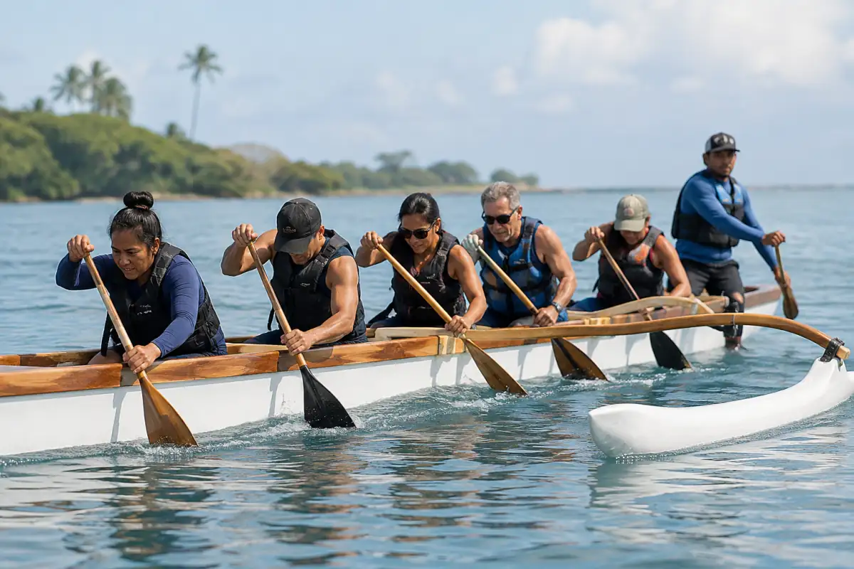 Équipage de six pagayeurs en va’a synchronise ses coups de pagaie sur une pirogue à balancier en eau calme.