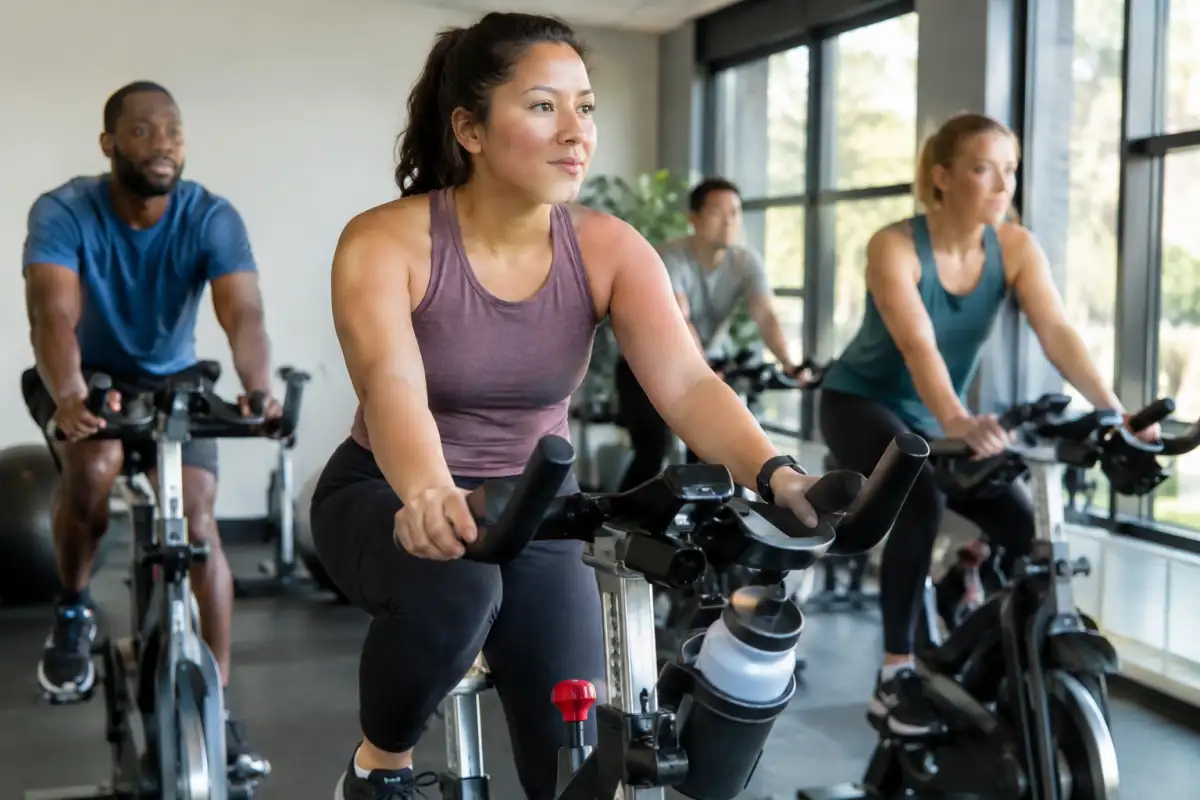 Une personne pédale à intensité modérée sur un vélo indoor, le bassin stable et les genoux dans l’axe des pieds.