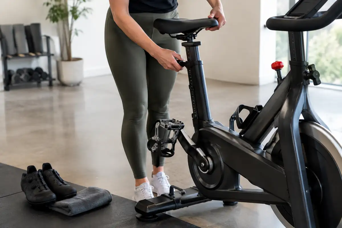 Vérification du réglage d’un vélo indoor avec chaussures de cyclisme, pédale à cale-pied et serviette à portée de main.