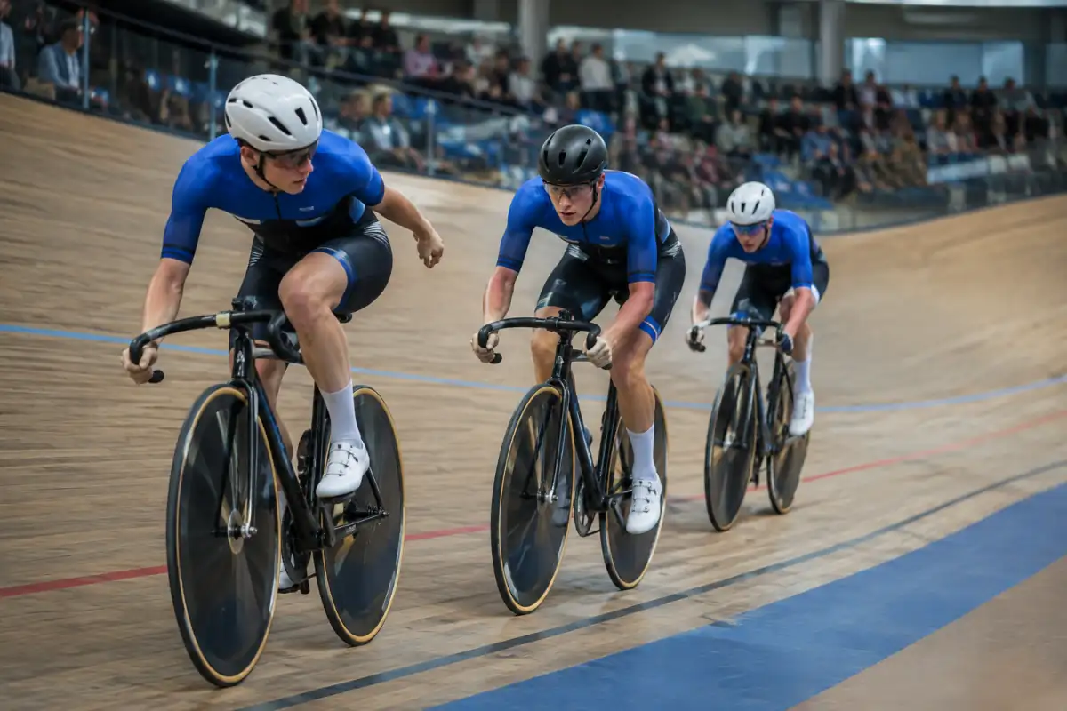 Trois cyclistes enchaînent un relais de vitesse par équipes sur la piste inclinée d’un vélodrome couvert.