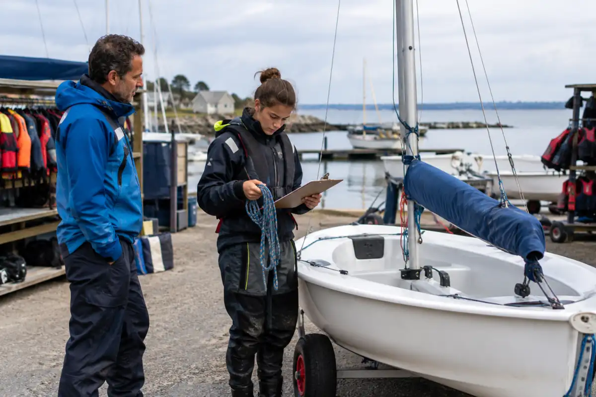 Un dériveur de club sur sa remorque près d’équipements de voile, pour illustrer les frais de matériel, d’entretien et de stockage.