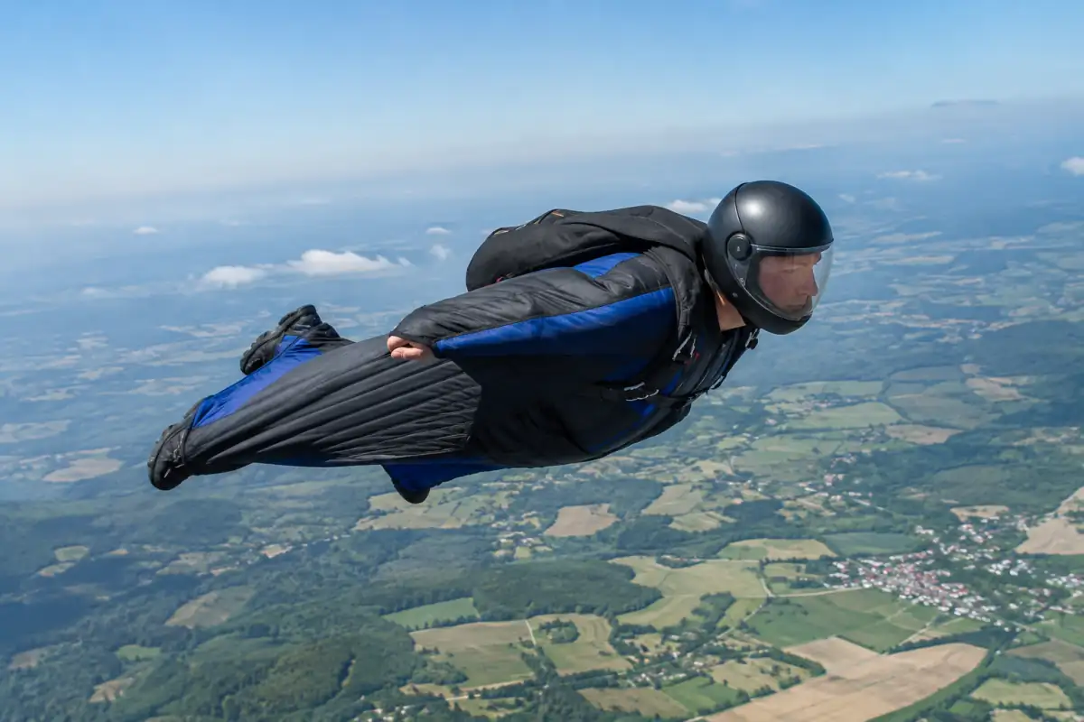 Un parachutiste en wingsuit plane au-dessus d’une zone de saut française, combinaison ailée gonflée et parachute fermé.