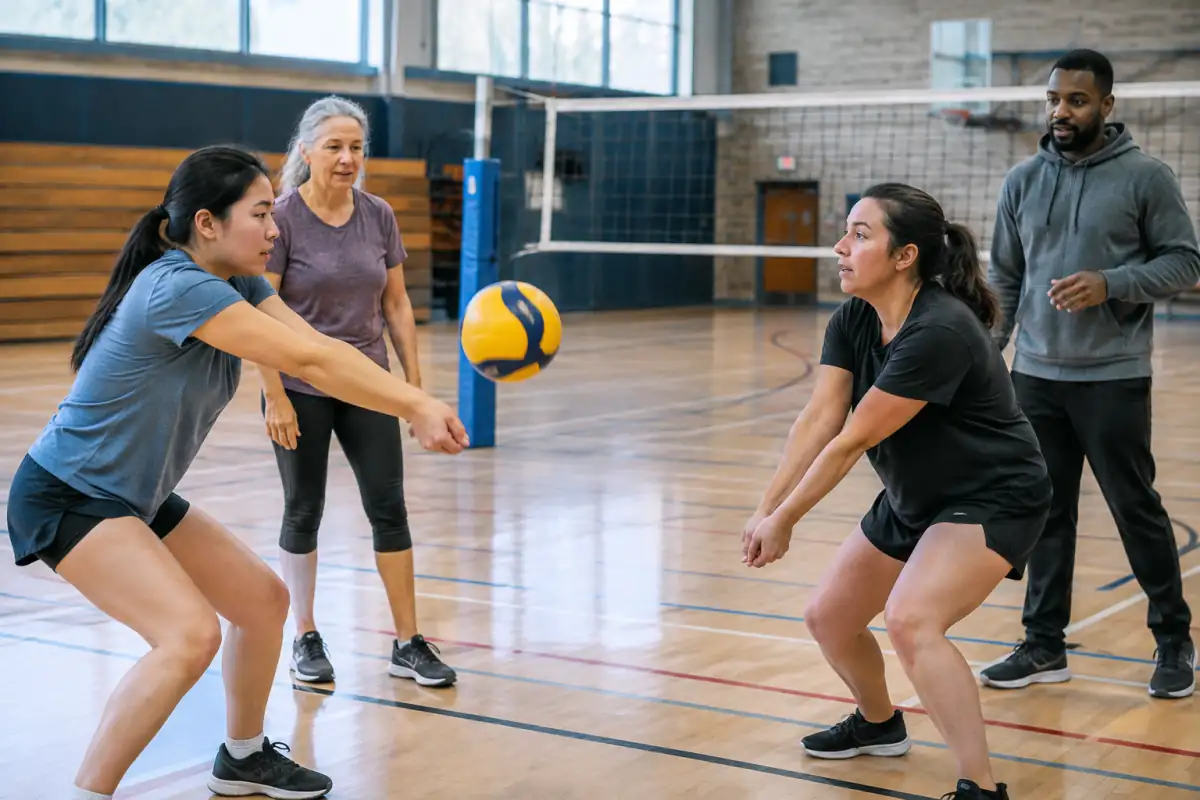 Des adultes débutants apprennent la manchette lors d’un entraînement de volley-ball en club, sous le regard d’un encadrant.