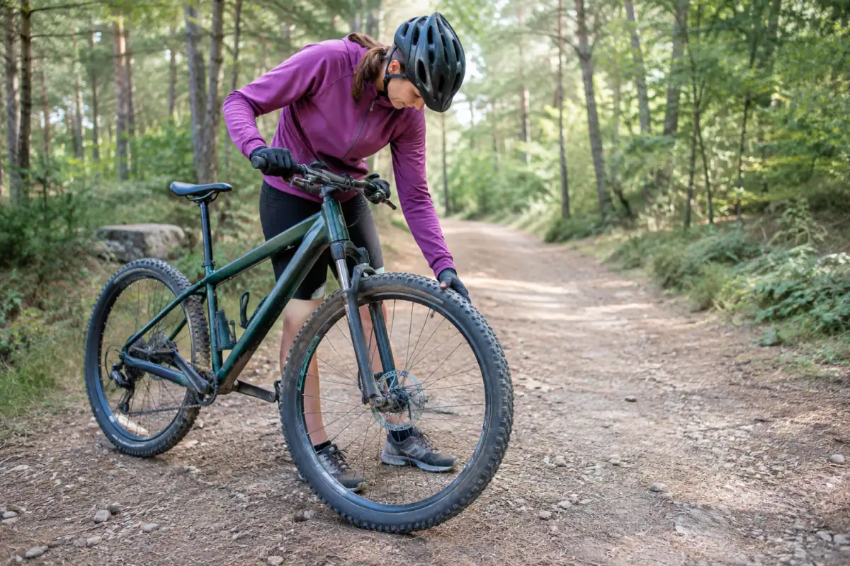 Débutant en VTT vérifiant les freins de son vélo avant une première sortie sur un chemin forestier large et facile.