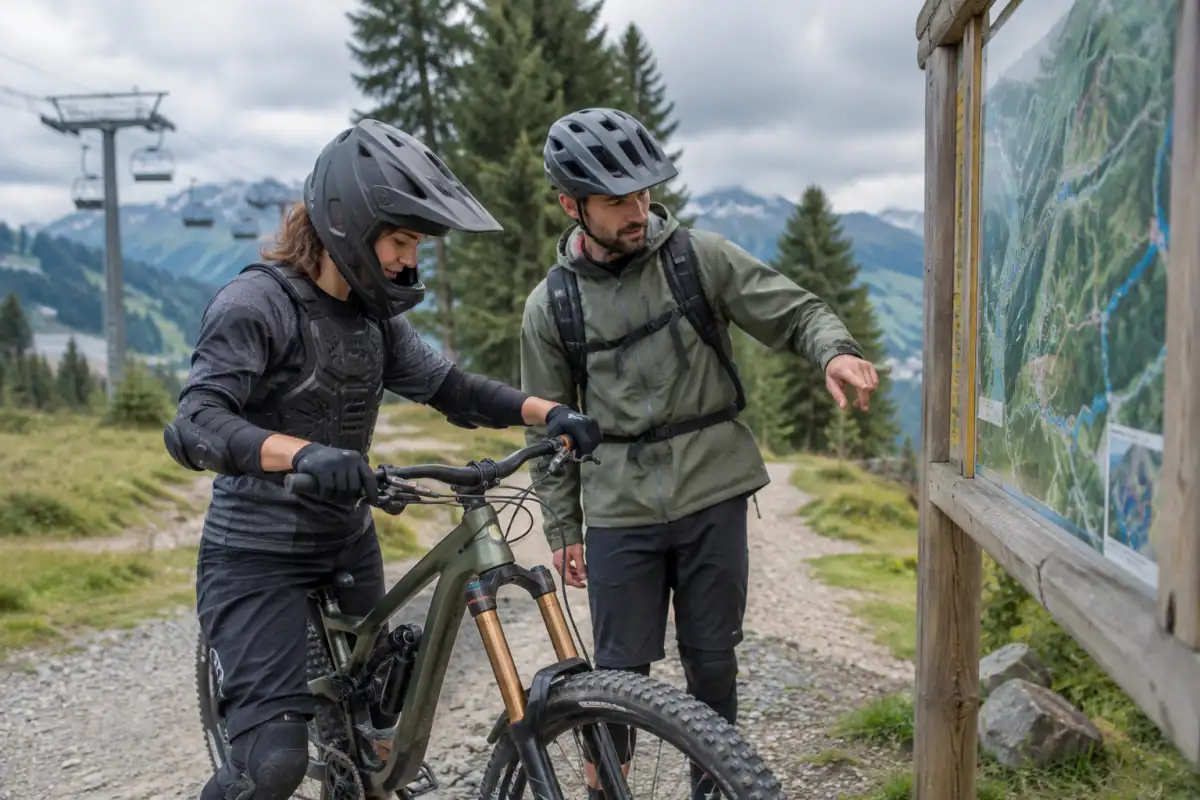 Un débutant vérifie les freins de son VTT de descente loué avant de s’engager sur une piste facile de bike park.