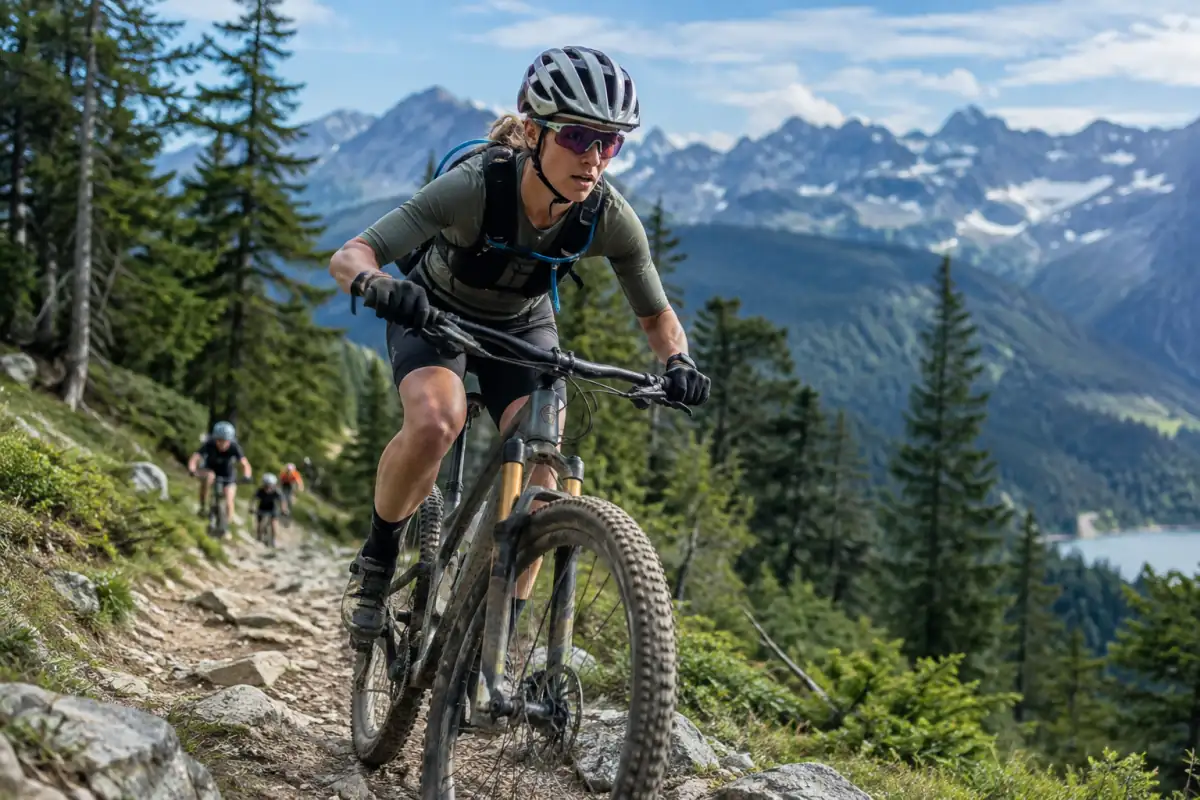 Coureur de VTT marathon en montée sur un sentier rocheux, équipé d’un casque et d’un vélo tout-terrain moderne.