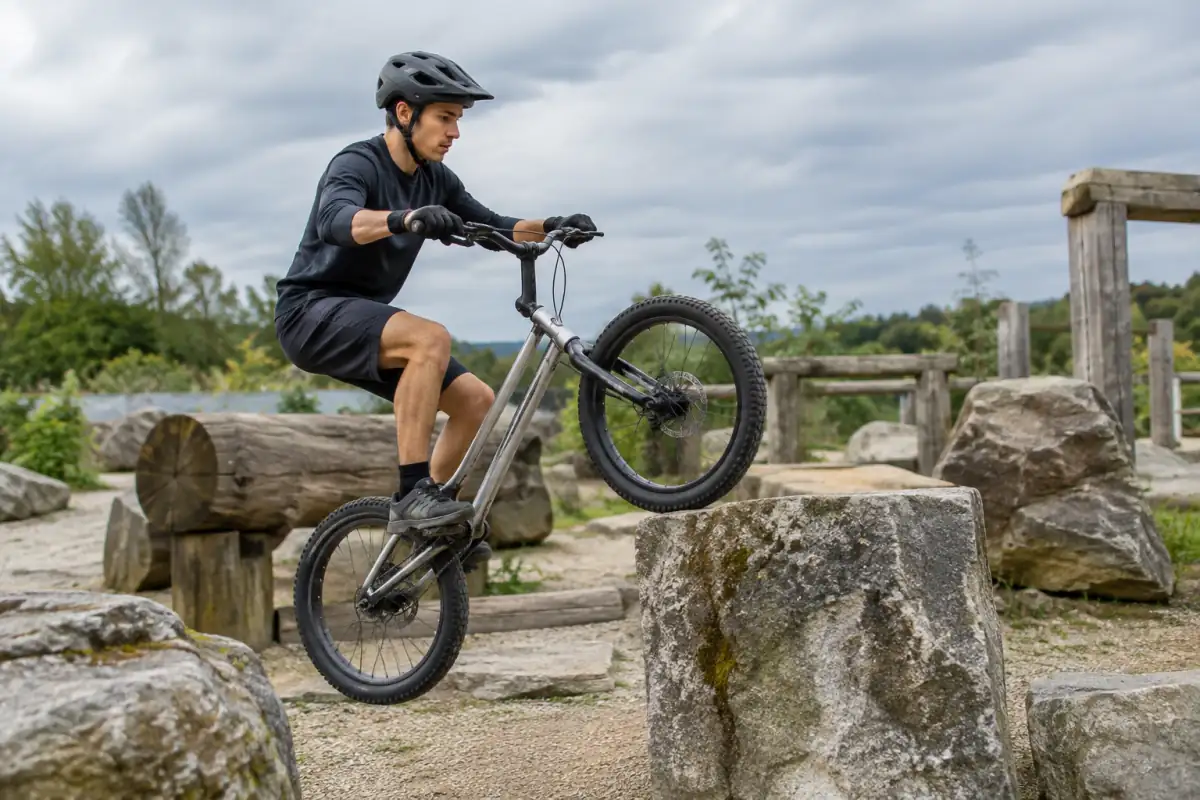 Un cycliste franchit une pierre à vélo sur un parcours aménagé de VTT trial, avec casque et équipement de protection.