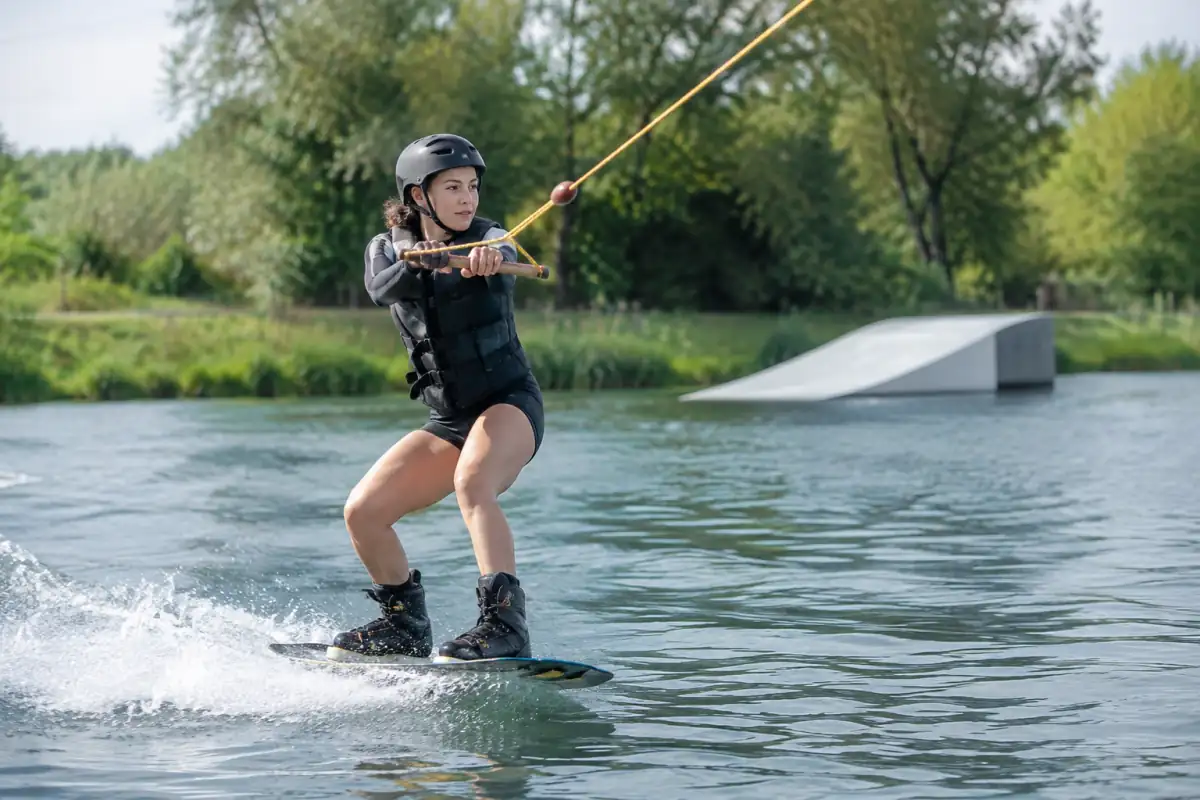 Un pratiquant de wakeboard tracté par câble glisse dans un wakepark, équipé d’un casque, d’un gilet et de chausses.