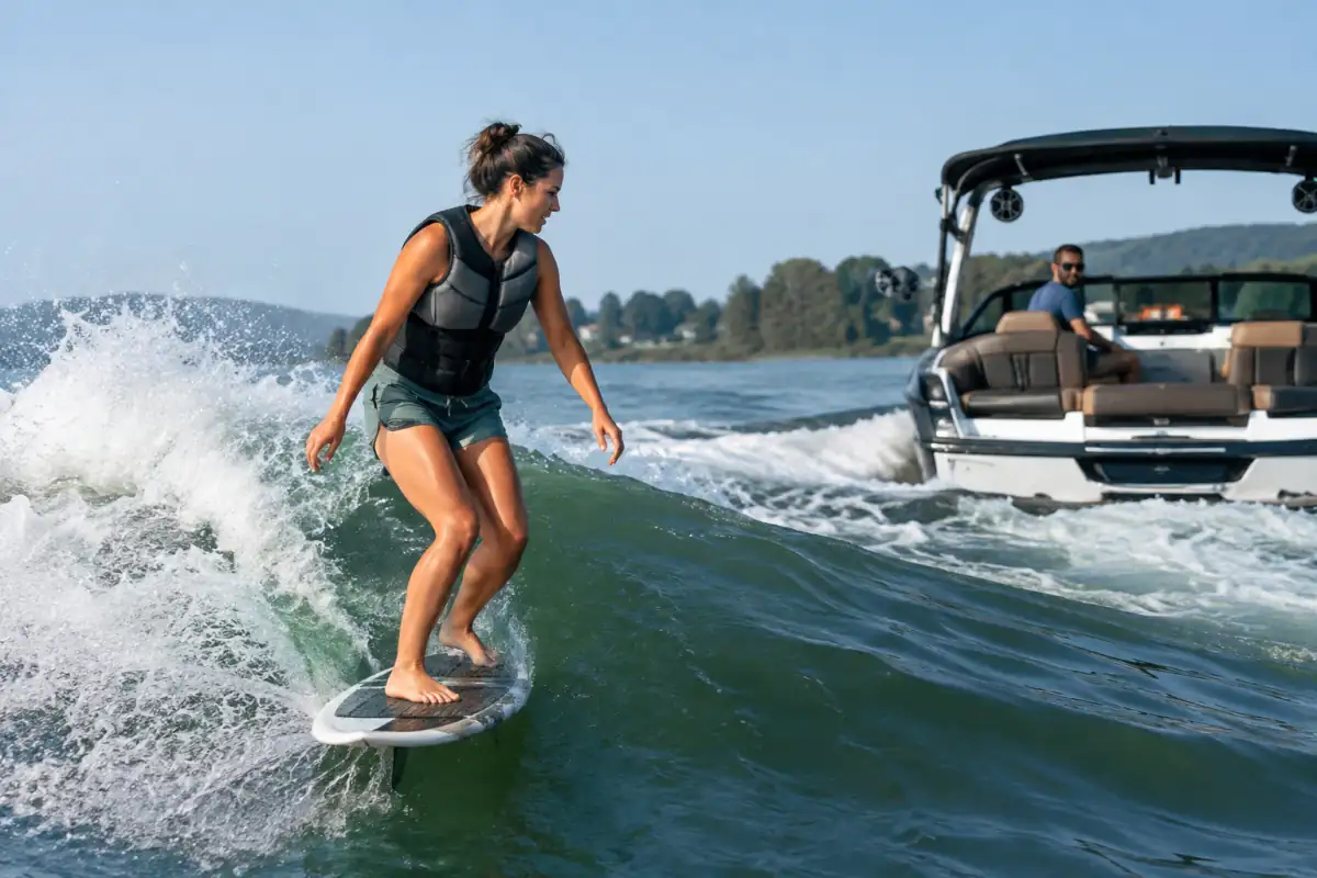 Un pratiquant en gilet glisse sans corde sur la vague formée par un bateau, debout sur une planche de wakesurf.