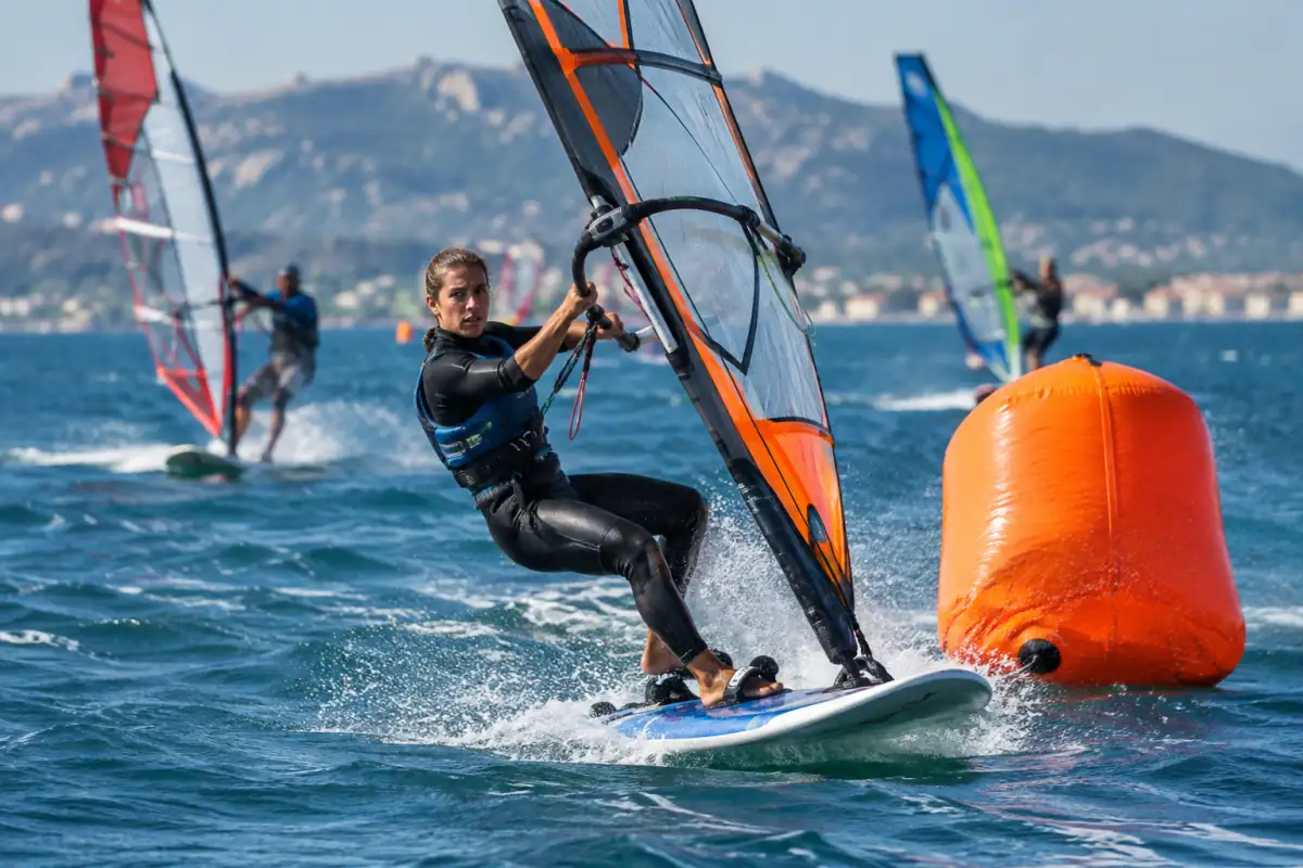 Un véliplanchiste en windsurf slalom contourne une bouée à grande vitesse sur une planche à aileron, voile tendue et pieds dans les footstraps.