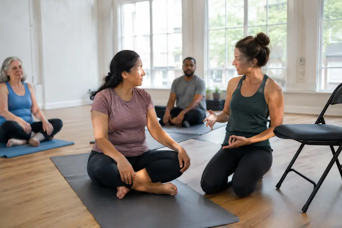 Une personne découvre un mouvement assis en cours de yoga, tandis que l’enseignant reste disponible pour expliquer et adapter.