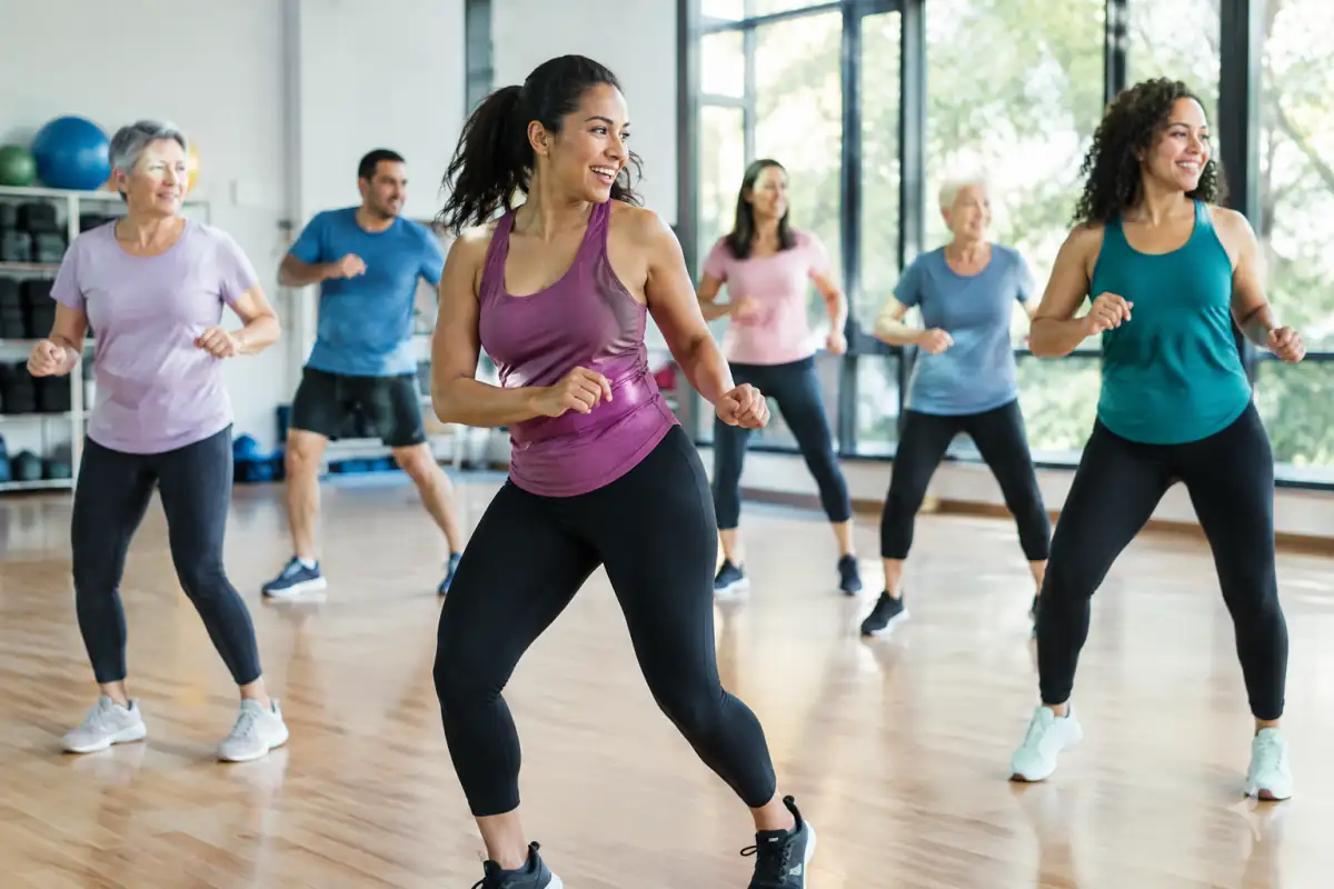 Un groupe suit une séance de Zumba en studio, avec des pas latéraux et des mouvements adaptés à l’intensité de chacun.